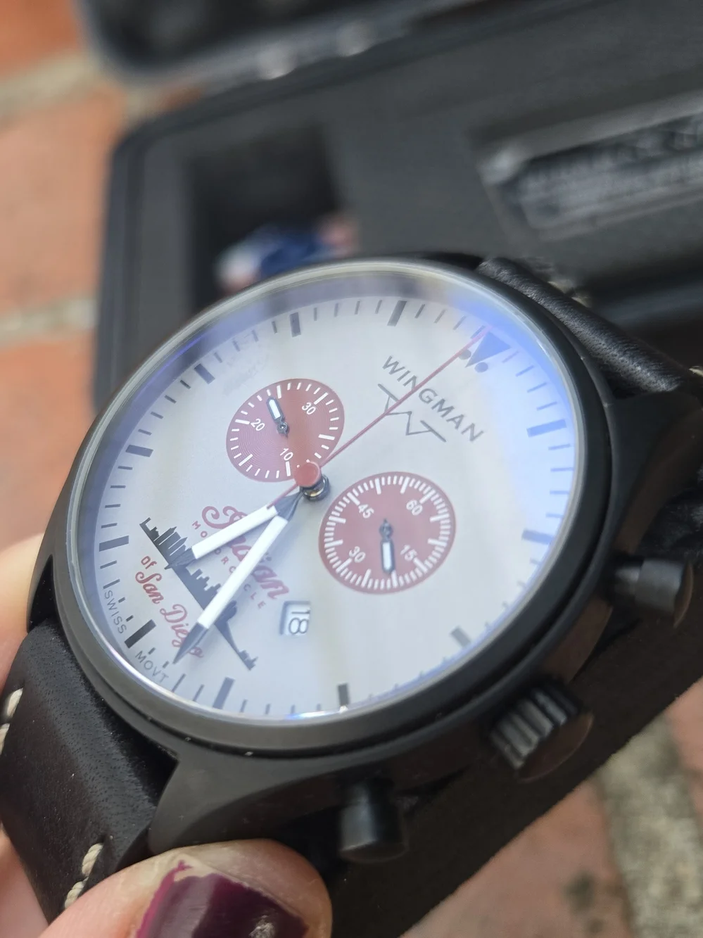 Wingman Men's Black Leather Strap Watch with Bag Accessory - 3 of 10
